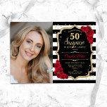Invitation Black White Red Photo Surprise 50e anniversaire<br><div class="desc">Elégante invitation à 50ème anniversaire fleurie féminine avec votre photo. Noir noir blanc rouge design avec faux or parties scintillant. Caractéristiques noir et blanc rayures, roses rouges, police de script et confetti. Idéal pour une fête anniversaire surprise et élégante pour adultes. Personnalisez avec vos propres détails. Peut être customisé pour...</div>