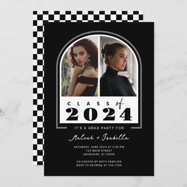 Invitation Black White Retro Arch Photo Graduation Party (Devant / Derrière)
