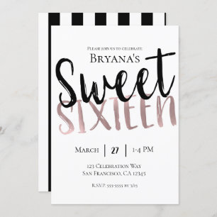 Invitation Black White Rose Gold Pink Sweet 16 SIXTEEN Party