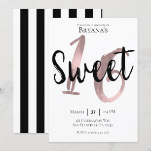 Invitation Black White Rose Gold Rose Sweet 16 Anniversaire