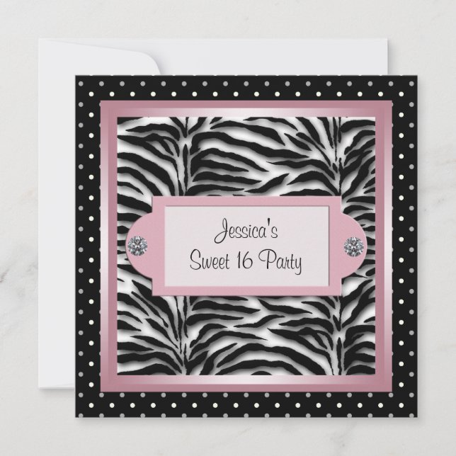 Invitation Black White Rose Zebra Sweet 16 Anniversaire (Devant)