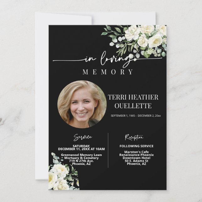Invitation Black White Roses funérailles (Devant)