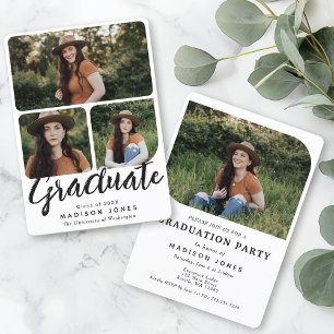 Invitation Black & White Script 4 Photos Graduation Party