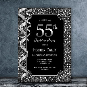 Invitation Black White Sequins 55e fête d'anniversaire