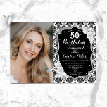 Invitation Black White Silver Damask Photo 50th Birthday<br><div class="desc">Elégante invitation au 50e anniversaire fleurie féminine avec votre photo. Design blanc noir glam avec faux parties scintillant argent. Caractéristiques noir et blanc damask motif, rose, police de script et confetti. Parfait pour une fête anniversaire adulte élégante. Personnalisez avec vos propres détails. Peut être customisé pour n'importe quel âge !...</div>