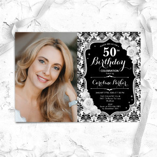Invitation Black White Silver Damask Photo 50th Birthday