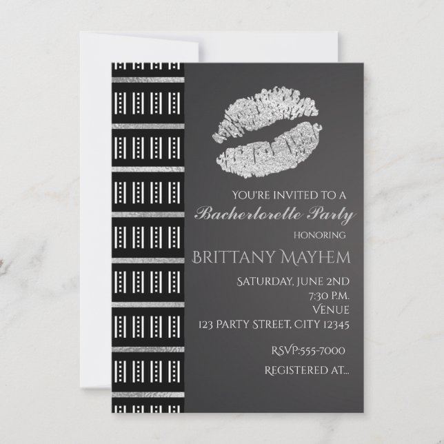 Invitation Black White & Silver Faux Shimmer Lèvres Kiss Part (Devant)