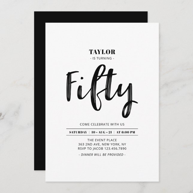 Invitation Black & White Simple Cinquante-ème fête d'annivers (Devant / Derrière)