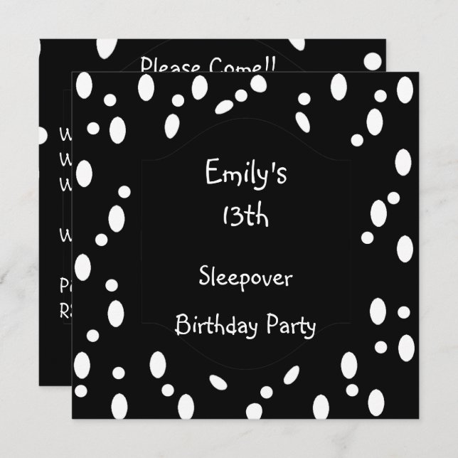 Invitation Black White Spots 13e anniversaire Sleepover (Devant / Derrière)