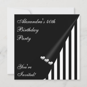 Invitation Black White Stripe 40th Birthday Event Silver Love