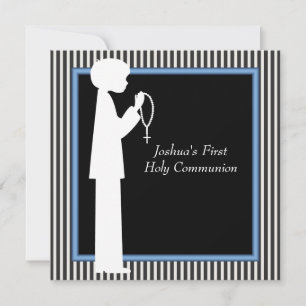 Invitation Black White Stripe Rosary Boys First Communion