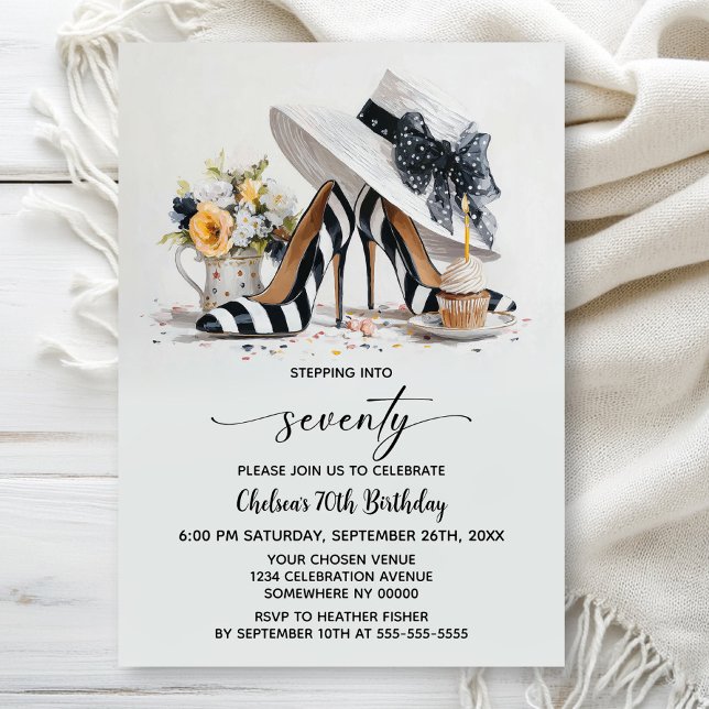 Invitation Black White Striped High Heel Shoes 70th Birthday (Créateur téléchargé)