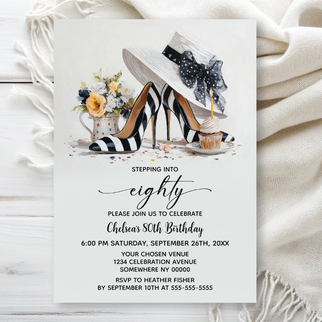 Invitation Black White Striped High Heel Shoes 80th Birthday (Créateur téléchargé)
