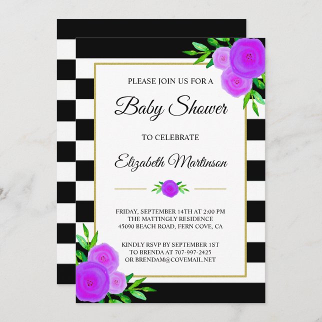 Invitation Black White Stripes Aquarelle Baby shower Floral (Devant / Derrière)