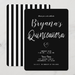 Invitation Black & White Stripes Coeur argenté 15 Quinceañera