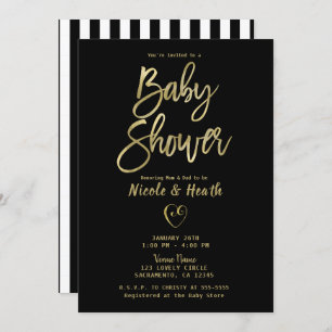 Invitation Black White Stripes Gold Chic Baby shower