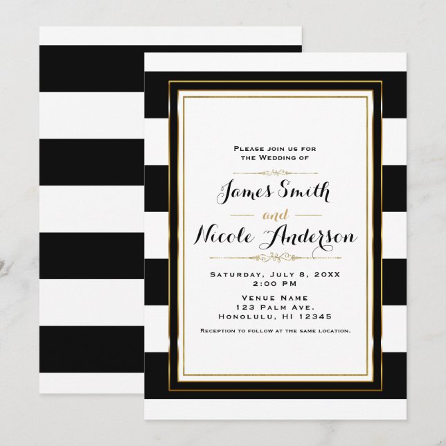 Invitation Black & White Stripes Gold Chic Mariage élégant (Devant / Derrière)