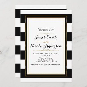 Invitation Black & White Stripes Gold Chic Mariage élégant