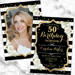 Invitation Black White Stripes Gold Photo 50e anniversaire<br><div class="desc">Elégante invitation à 50e anniversaire fleurie avec votre photo au verso de la carte. Design blanc noir glam avec parties scintillant d'or faux. Comprend des rayures en noir et blanc, des roses, des caractères de script et des confettis. Parfait pour une fête anniversaire adulte élégante. Personnalisez avec vos propres détails....</div>