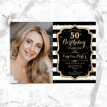 Invitation Black White Stripes Gold Photo 50e anniversaire<br><div class="desc">Elégante invitation à 50ème anniversaire avec votre photo. Simple design moderne noir blanc avec parties scintillant en or. Comprend des rayures en noir et blanc, des polices de caractères et des confettis. Parfait pour une fête anniversaire adulte élégante. Personnalisez avec vos propres détails. Peut être customisé pour n'importe quel âge...</div>