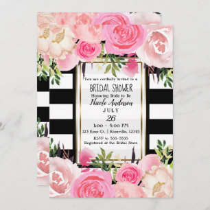 Invitation Black White Stripes Gold Pink FlorFête de l'mariée
