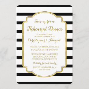 Invitation Black White Stripes Gold Rehearer Diner Party