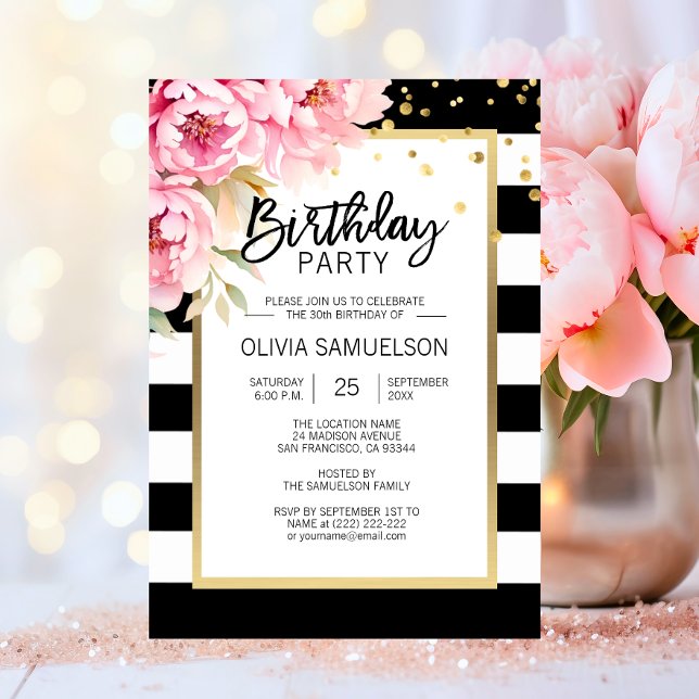 Invitation Black White Stripes Pink Peonies Anniversaire (Black White Watercolor Pink Floral Birthday Party Invitation)