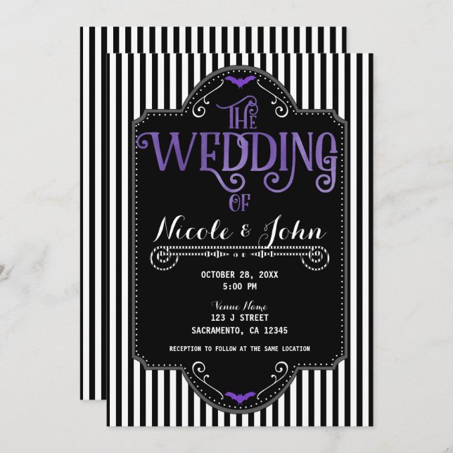 Invitation Black White Stripes Purple Gothic Bat Wedding (Devant / Derrière)