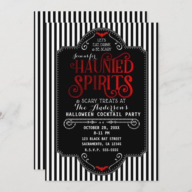 Invitation Black White Stripes Red Haunted Spirits Cocktail (Devant / Derrière)