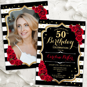 Invitation Black White Stripes Red Roses Photo 50e anniversai