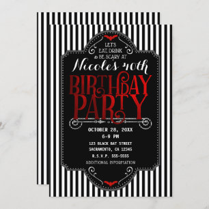 Invitation Black White Stripes Rouge Gothique Chat Anniversai