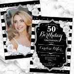 Invitation Black White Stripes Silver Photo 50e anniversaire<br><div class="desc">Elégante invitation à 50e anniversaire fleurie avec votre photo au verso de la carte. Design blanc noir glam avec faux parties scintillant argent. Comprend des rayures en noir et blanc, des roses, des caractères de script et des confettis. Parfait pour une fête anniversaire adulte élégante. Personnalisez avec vos propres détails....</div>