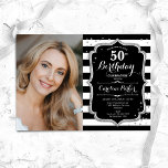 Invitation Black White Stripes Silver Photo 50e anniversaire<br><div class="desc">Elégante invitation à 50ème anniversaire avec votre photo. Design blanc noir glam avec faux parties scintillant argent. Comprend des rayures en noir et blanc, des polices de caractères et des confettis. Parfait pour une fête anniversaire adulte élégante. Personnalisez avec vos propres détails. Peut être customisé pour n'importe quel âge !...</div>