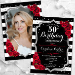 Invitation Black White Stripes Silver Red Photo 50e anniversa<br><div class="desc">Elégante invitation à 50e anniversaire fleurie avec votre photo au verso de la carte. Noir noir blanc rouge design avec fausse parties scintillant argent. Caractéristiques noir et blanc rayures, roses rouges, police de script et confetti. Parfait pour une fête anniversaire adulte élégante. Personnalisez avec vos propres détails. Peut être customisé...</div>