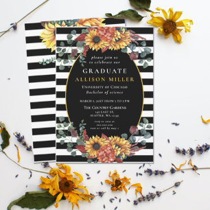 Invitation Black White Stripes Sunflowers Graduation Party