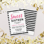 Invitation Black & White Stripes Sweet 16 Anniversaire Invita<br><div class="desc">Cette invitation chic douce 16 présente un arrière - plan élégant rayures noir et blanc et le mot "Sweet" dans une jolie aquarelle rose. C'est parfait pour la fille d'anniversaire qui fête ses seize ans avec une fête d'anniversaire. Personnalisez cette invitation en remplaçant le texte de l'espace réservé dans le...</div>