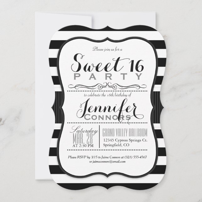 Invitation Black & White Stripes Sweet 16 Party (Devant)