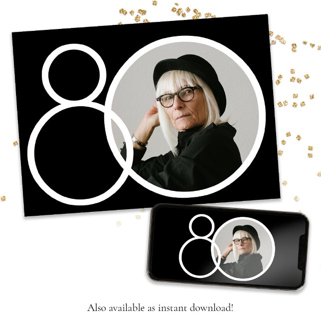 Invitation Black White Stylish minimaliste photo 80e annivers (Black White 80th Birthday Stylish Minimalist Photo Invitation)