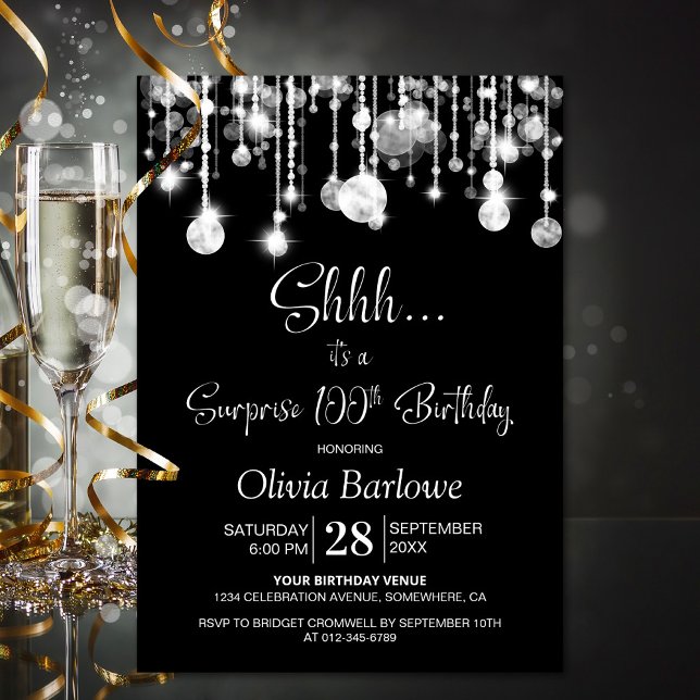 Invitation Black White Surprise 100e fête d'anniversaire (Créateur téléchargé)