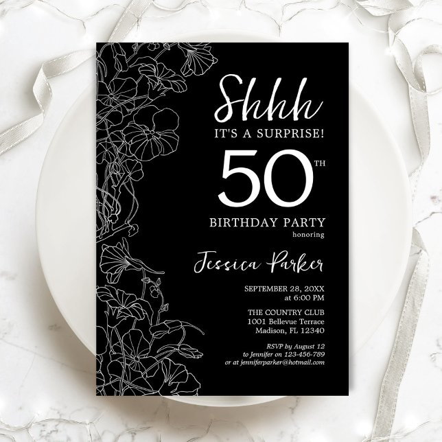 Invitation Black White Surprise 50e anniversaire (Créateur téléchargé)