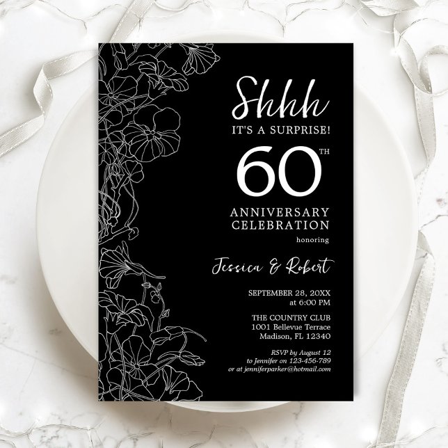 Invitation Black White Surprise 60e anniversaire (Créateur téléchargé)