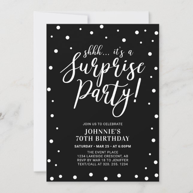 Invitation Black & White | Surprise Party d'anniversaire pour (Devant)
