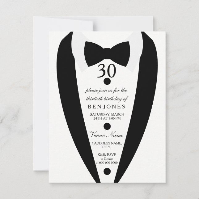 Invitation Black & White Tuxedo Mens 30e anniversaire Invitat (Devant)