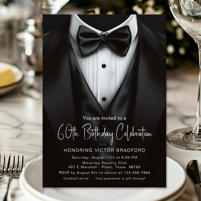 Invitation Black White Tuxedo Mens N'importe quel nombre Anni (Black and white tuxedo any number birthday or event invitation. )