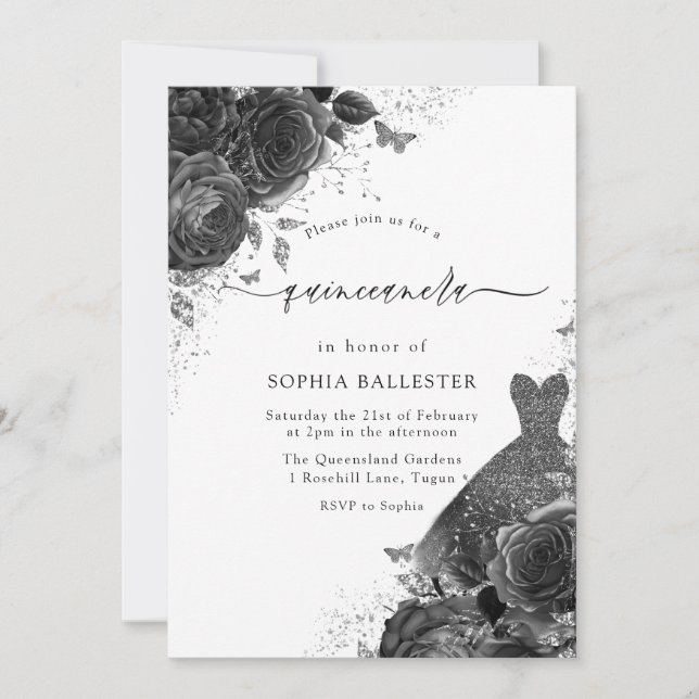 Invitation Black & White Vintage Elegant Quinceanera Party (Devant)