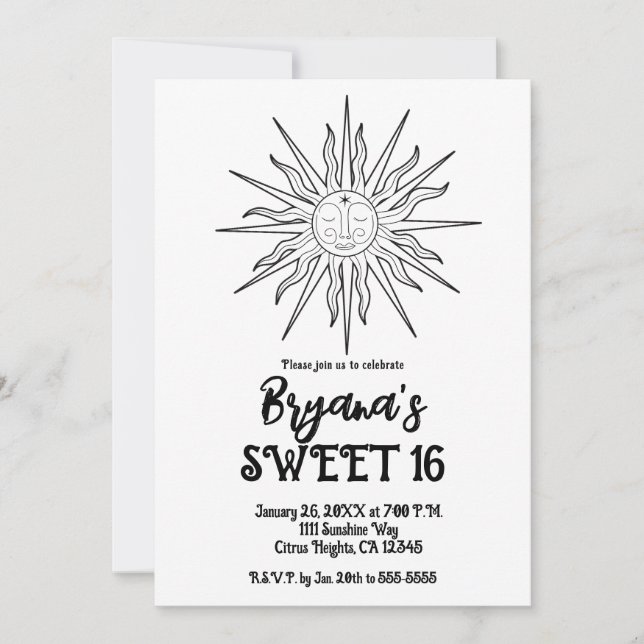 Invitation Black & White Whimsical Sun Celestial Sweet 16 (Devant)