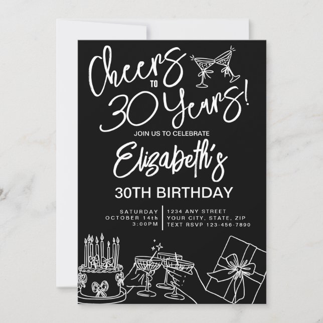 Invitation Black & White Whimsical tendance 30e anniversaire (Devant)