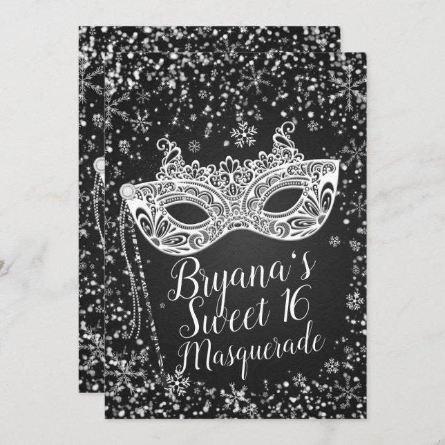 Invitation Black White Winter Wonderland Masquerade Sweet 16 (Devant / Derrière)