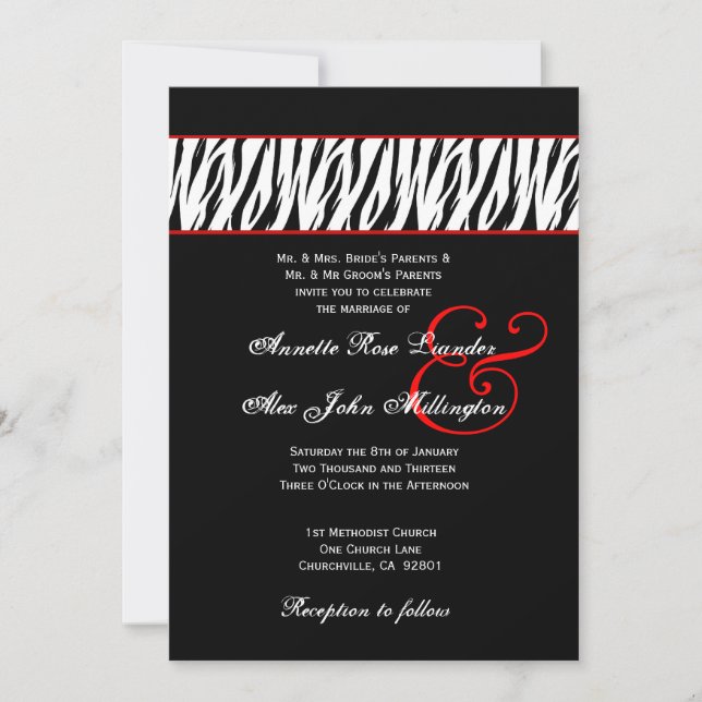 Invitation Black White Zebra Red Accents Mariage Z002 (Devant)
