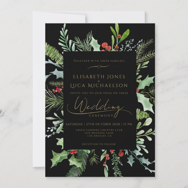 Invitation Black Winter Berry Leaf Botanical Monogram Wedding (Devant)